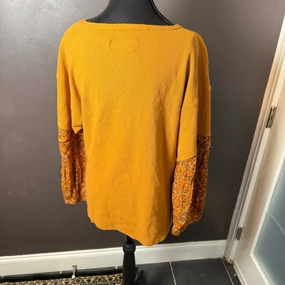 Anthropologie Mustard Waffle Knit Floral Sleeve Top | Boho | Size XS - Picture 4 of 5